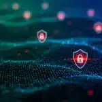 Futuristic digital network with security barriers and emerging cyber threats