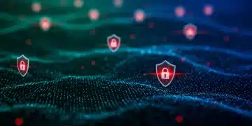 Futuristic digital network with security barriers and emerging cyber threats