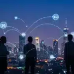 Futuristic city with 5G network connections and diverse business professionals, symbolizing innovation and growth.
