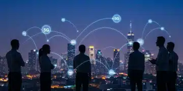 Futuristic city with 5G network connections and diverse business professionals, symbolizing innovation and growth.