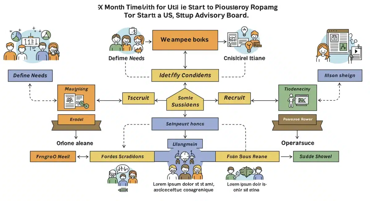 Six-month roadmap for building a US startup advisory board, outlining key phases and actions.