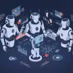 Futuristic AI robots assisting small business owners with various tasks in a modern office setting.
