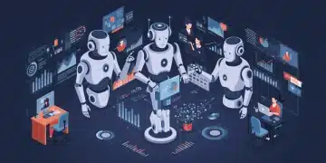 Futuristic AI robots assisting small business owners with various tasks in a modern office setting.