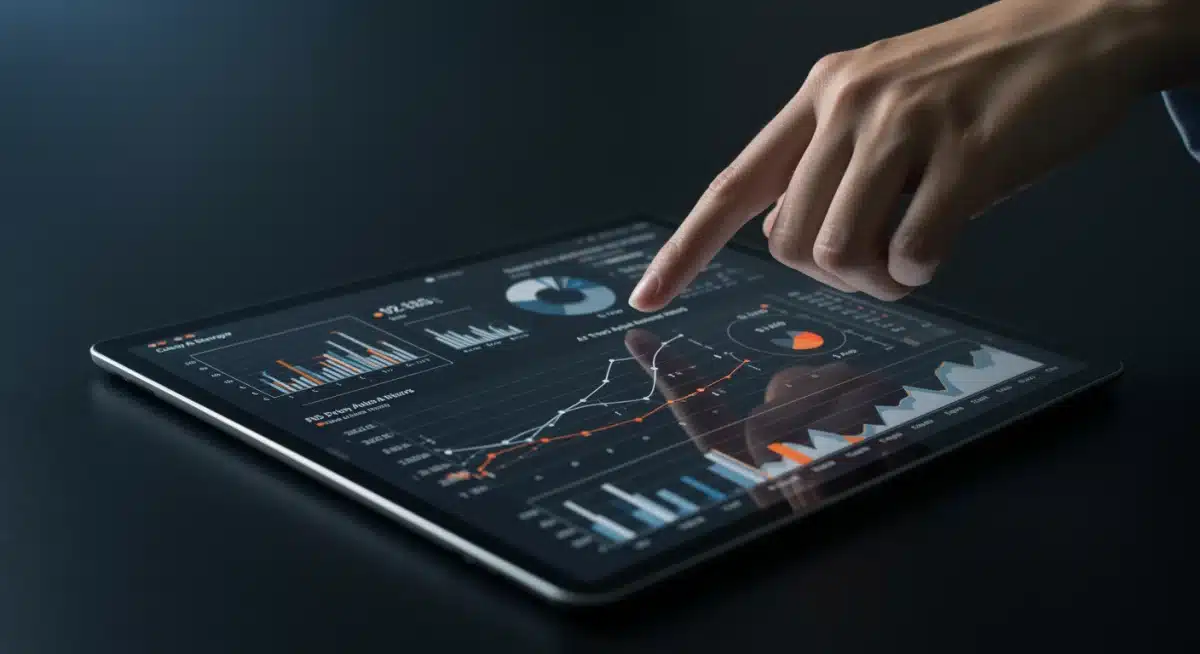 Interactive dashboard on a tablet showing AI-driven insights and predictive analytics for executive decision-making.