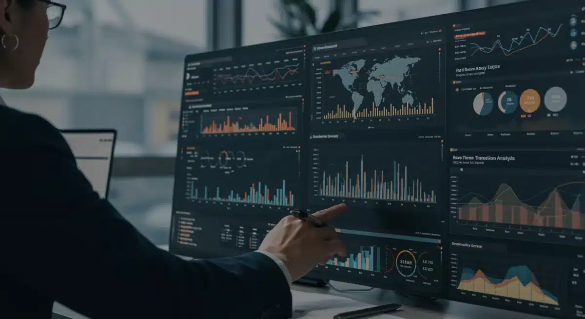 Financial analyst monitoring AI fraud detection dashboard with real-time data.