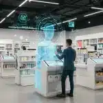 AI-powered holographic assistant helping a customer in a modern retail store