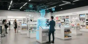 AI-powered holographic assistant helping a customer in a modern retail store