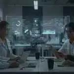 Data scientists collaborating on AI model performance optimization in a futuristic office setting.