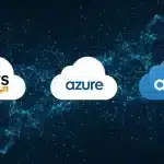 AWS, Azure, Google Cloud logos with AI neural network background