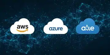 AWS, Azure, Google Cloud logos with AI neural network background