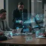 Business leaders using AI predictive analytics to forecast sales and strategic growth in 2025.