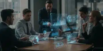 Business leaders using AI predictive analytics to forecast sales and strategic growth in 2025.