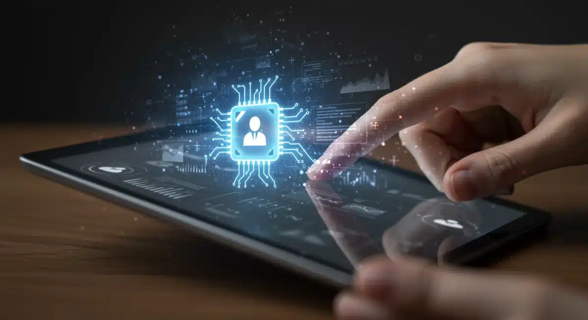 Hand interacting with AI algorithm processing recruitment data for efficient talent acquisition.