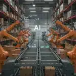 AI-powered robots optimizing a modern US retail warehouse supply chain.