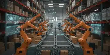 AI-powered robots optimizing a modern US retail warehouse supply chain.
