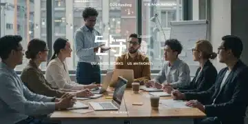 Angel investors listening to a startup pitch in a modern office, symbolizing January 2025 funding opportunities in the US.