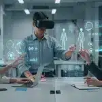 Professionals collaborating remotely using AR and VR headsets in a futuristic virtual office space.