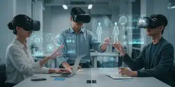 Professionals collaborating remotely using AR and VR headsets in a futuristic virtual office space.