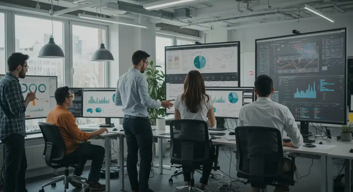 Diverse team collaborating on data analysis for product development in a modern office.