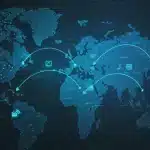 Data Mesh architecture diagram showing interconnected data domains across a US map, symbolizing faster data access for organizations.
