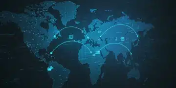 Data Mesh architecture diagram showing interconnected data domains across a US map, symbolizing faster data access for organizations.