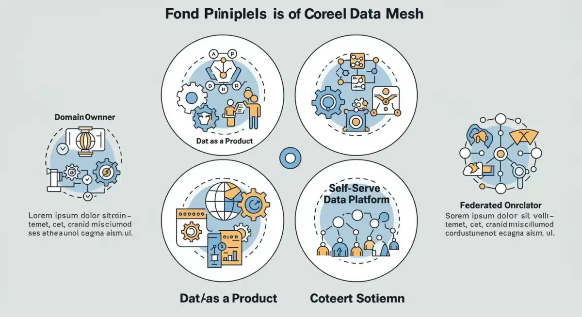 Infographic illustrating the four principles of Data Mesh Architecture: domain ownership, data as a product, self-serve platform, and federated governance.