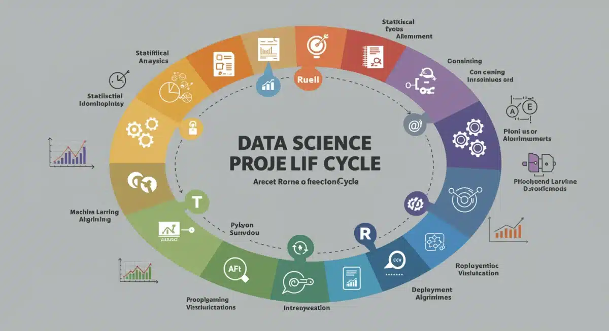 Infographic showing data science project lifecycle with key skills: data collection, modeling, deployment, and visualization.