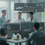 Data scientists collaborating, analyzing complex data on multiple screens in a modern office, symbolizing innovation and business growth.