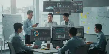 Data scientists collaborating, analyzing complex data on multiple screens in a modern office, symbolizing innovation and business growth.