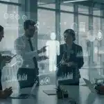 Data Storytelling: US Businesses Transform Decisions in 2025 Business team collaborating on data storytelling visualization in a modern office