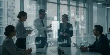 Business team collaborating on data storytelling visualization in a modern office