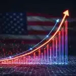 Digital illustration of data flowing into a revenue growth chart for US startups