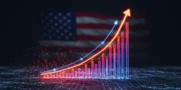 Digital illustration of data flowing into a revenue growth chart for US startups