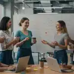 Diverse startup team collaborating on a hiring roadmap in a modern US office