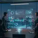 Executives analyzing futuristic data visualizations on a holographic display in a modern boardroom, showcasing 2025 trends for improved decision-making.