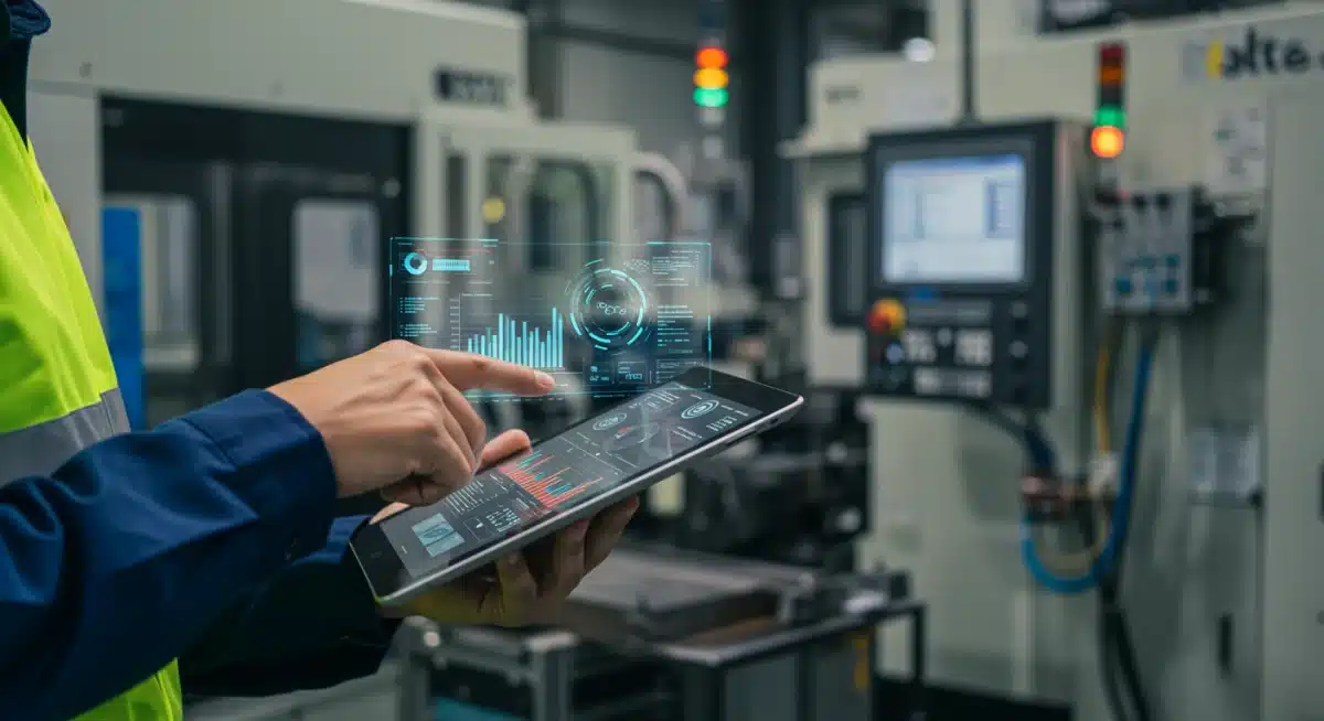 Factory worker analyzing real-time IoT production data on a tablet for optimized decision-making.