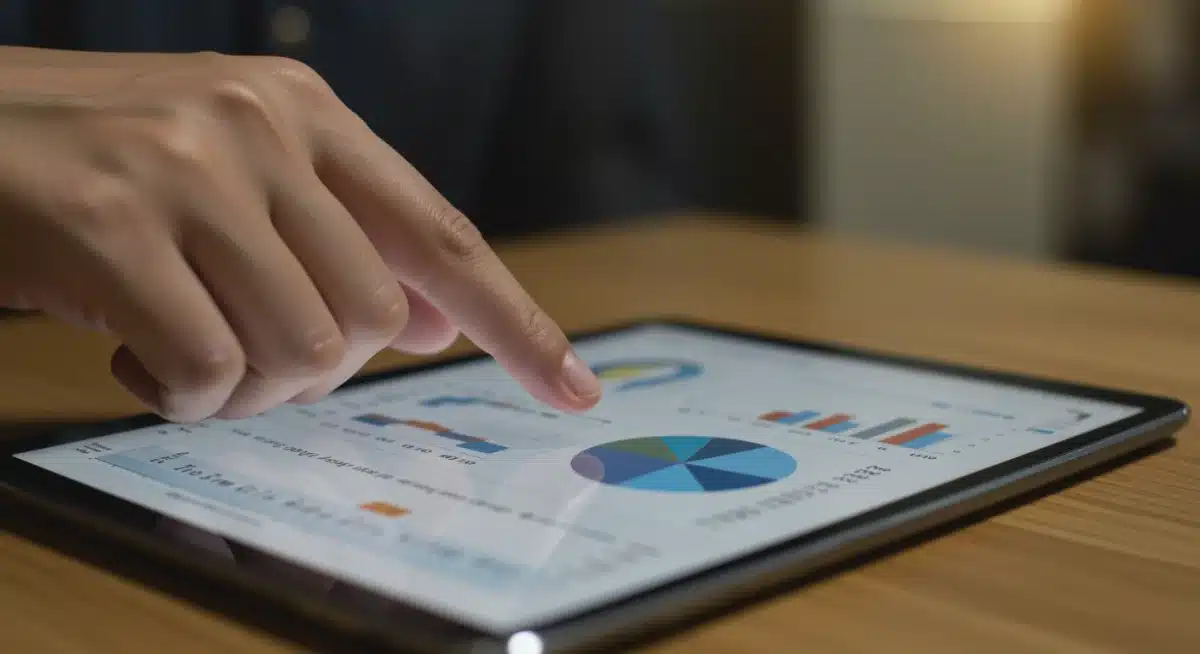Hand pointing to financial projections on a pitch deck slide on a tablet