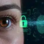 Futuristic biometric security interface with iris and fingerprint scans, showing 99% accuracy in data protection