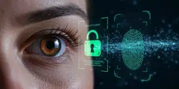 Futuristic biometric security interface with iris and fingerprint scans, showing 99% accuracy in data protection