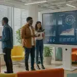 Futuristic office with diverse team collaborating on SaaS startup growth
