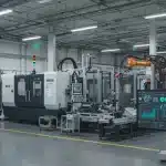 Advanced manufacturing floor with IoT sensors and data analytics displays