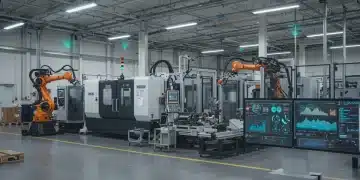 Advanced manufacturing floor with IoT sensors and data analytics displays