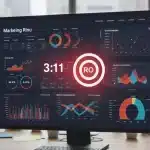 Digital dashboard showing marketing ROI and analytics with a team collaborating
