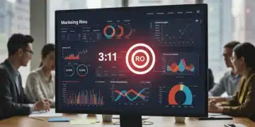 Digital dashboard showing marketing ROI and analytics with a team collaborating