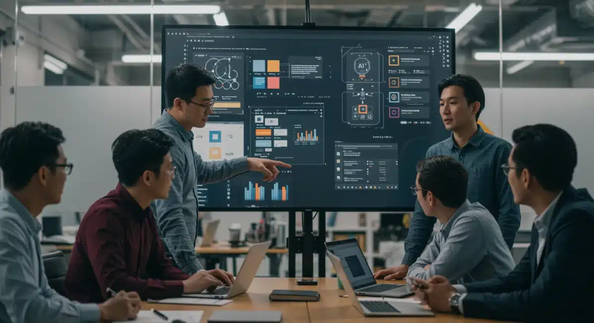 Marketing team reviewing AI-generated content concepts in a modern office