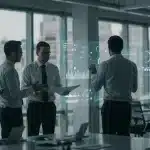 Business team collaborating on master data management strategy in a modern office