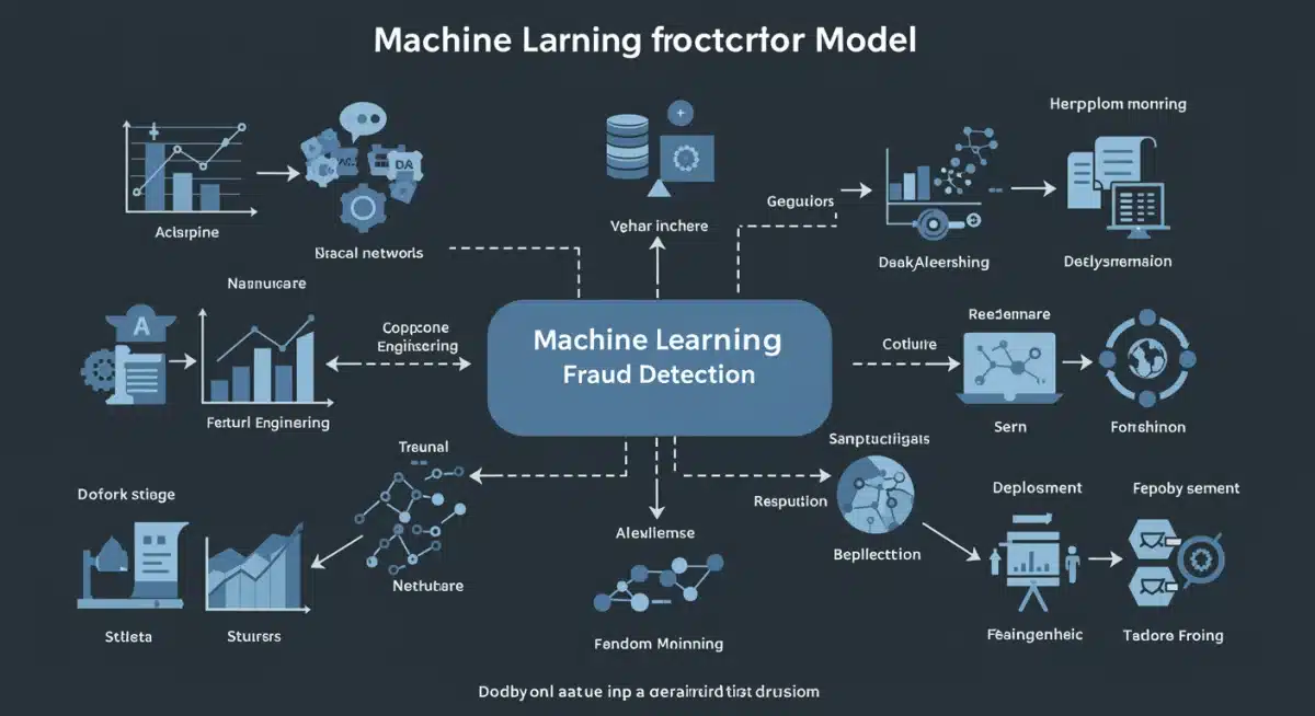 Infographic showing the lifecycle of a machine learning model for fraud detection in financial institutions.
