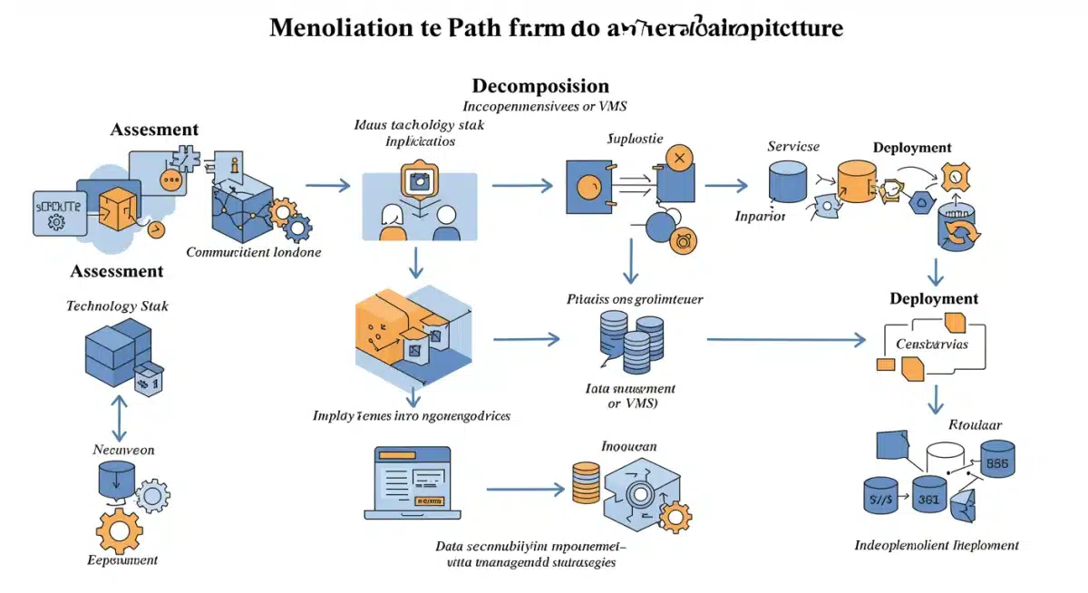 Monolithic to microservices migration flowchart, detailing transformation steps.