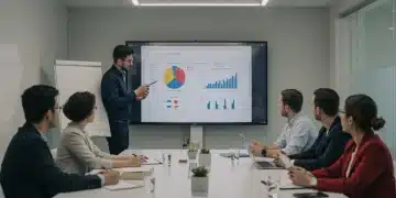 Entrepreneurs presenting a pitch deck to focused investors in a modern meeting room