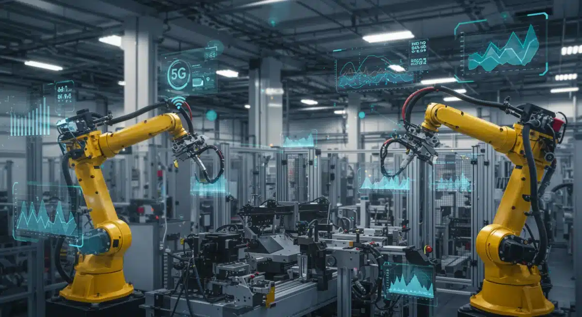 Smart factory floor with 5G-connected robots and real-time data, illustrating intelligent automation.